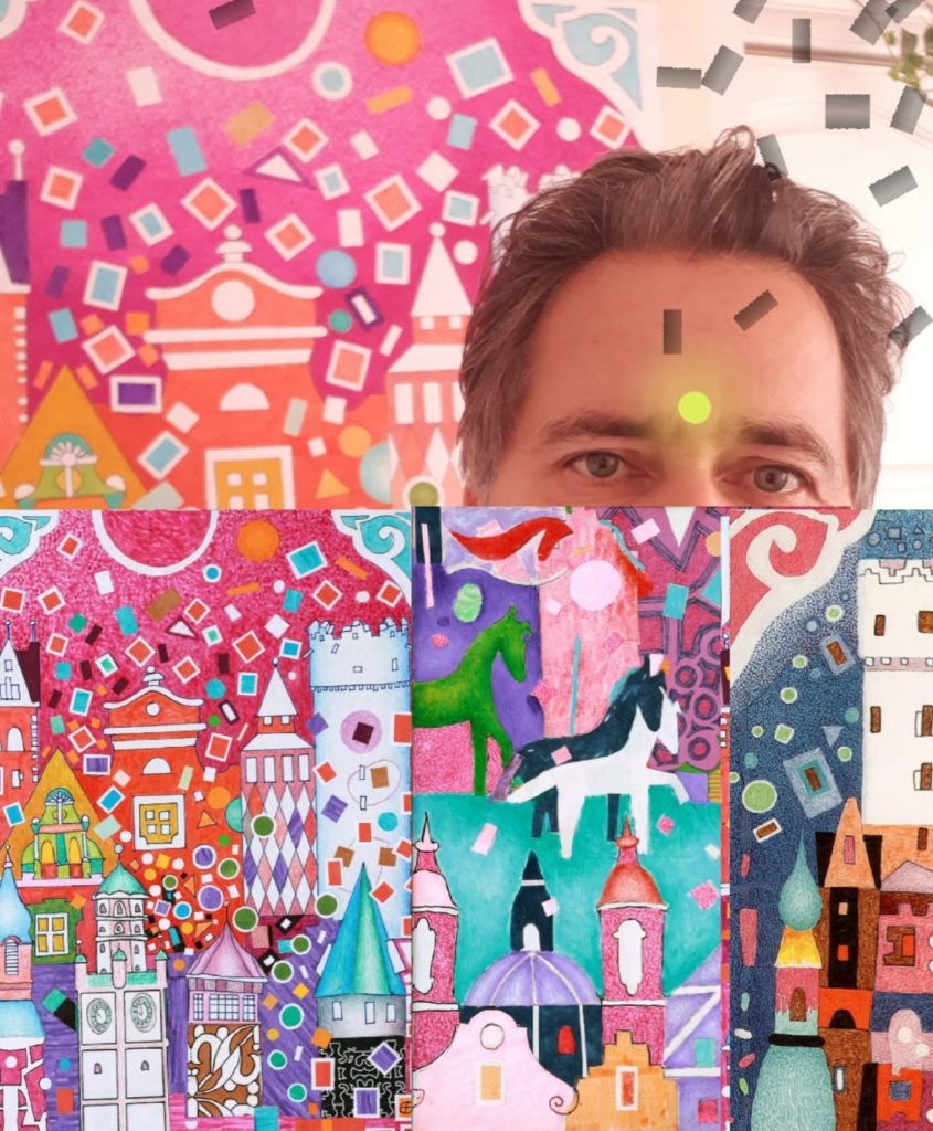 Collage: Stefan Eichler blickt über eine Reihe seiner farbenfrohen Städtebilder