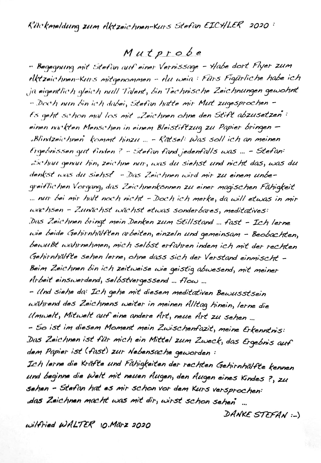 Rückmeldung zum Aktzeichnen-Kurs