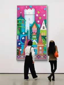 Kunstdruck eines Städtebilds mit von Hand aufgetragener Schlagmetall-Vergoldung